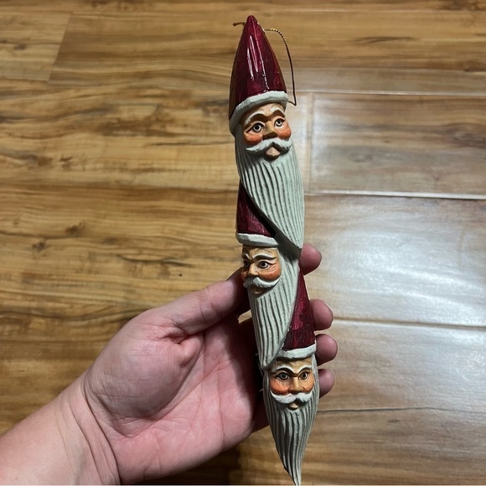 Rustic Santa Claus Triple‎ face totem pole ornament Xmas decor Faux Wood Rustic